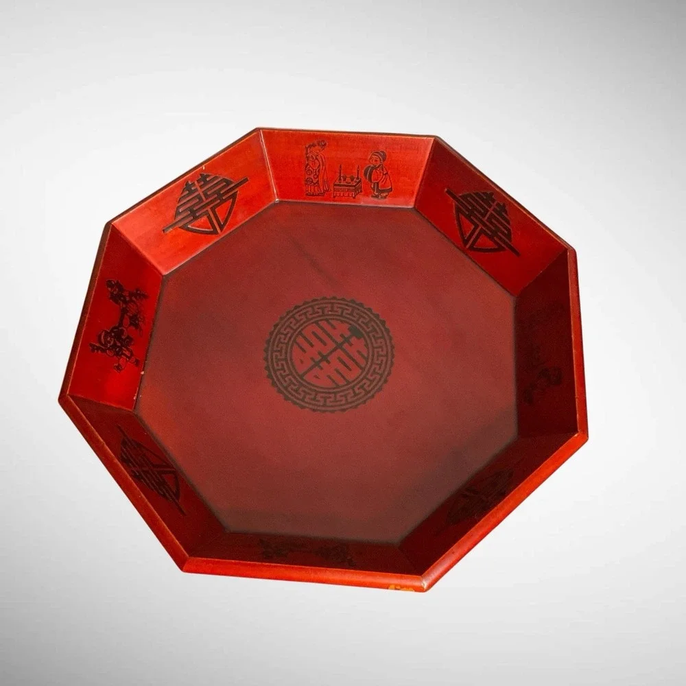 Vintage Korean Red Octagon Wooden Stack Serving Platter Trays Bowl Set Of‎ 2